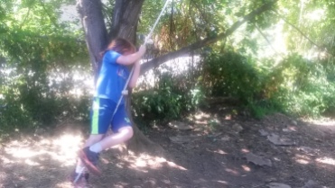 I think this was his second turn on the rope swing.